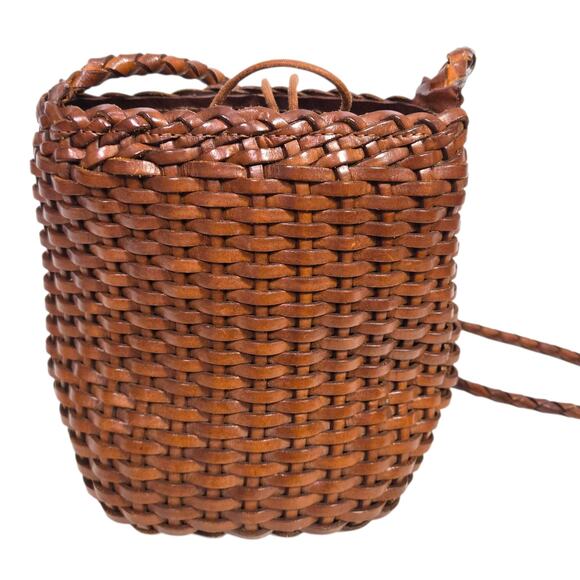 Vintage Ellepi Woven Bucket Bag Brown Leather Crossbody Drawstring Cottagecore - Picture 14 of 16